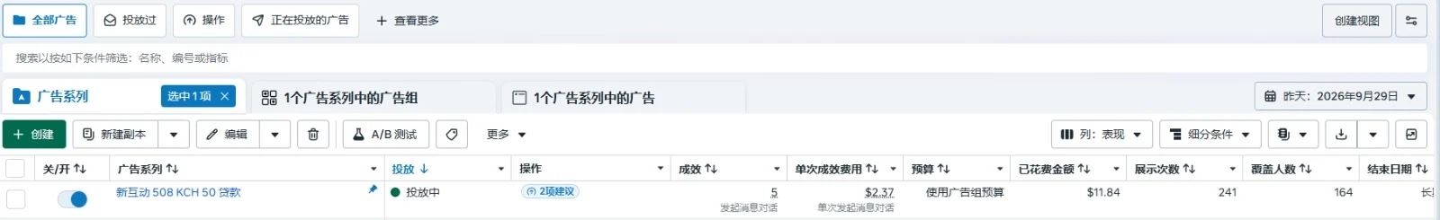 Meta 广告管理工具 9 月 29 日 KCH 信贷广告数据截图