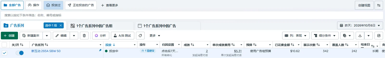 Meta 广告管理工具 10 月 6 日 SBW 信贷广告数据截图