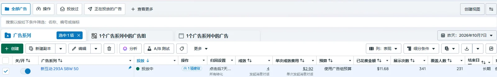 Meta 广告管理工具 10 月 7 日 SBW 信贷广告数据截图