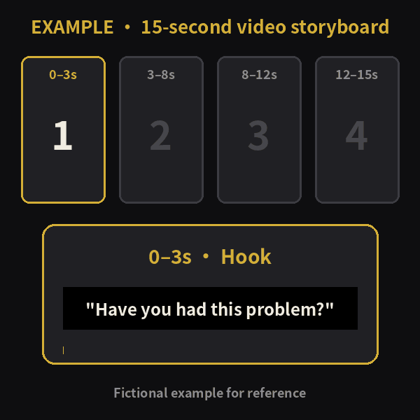 Example 15-second video storyboard animation: hook, process, proof, call to action