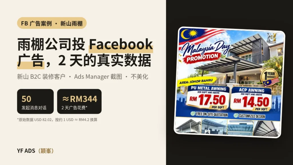 新山雨棚 Facebook 广告案例封面：2 天 50 个发起消息对话