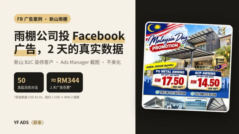 雨棚公司怎么投 Facebook 广告？新山装修雨棚广告 2 天真实数据