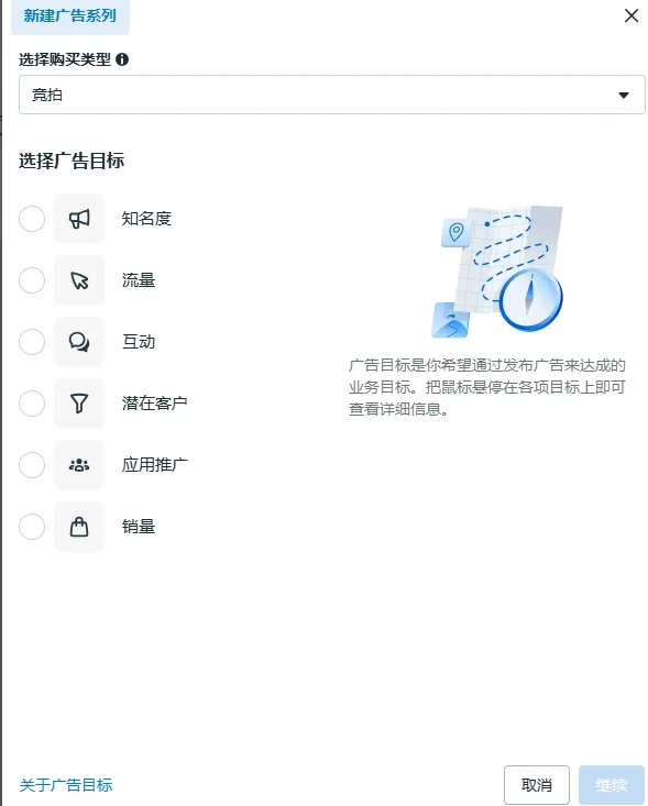 Meta 广告系列选择广告目标:知名度、流量、互动、潜在客户、应用推广、销量