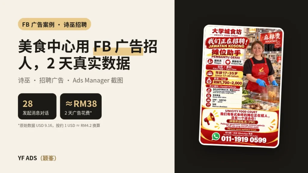 诗巫美食中心 Facebook 招聘广告案例封面：2 天 28 个发起消息对话